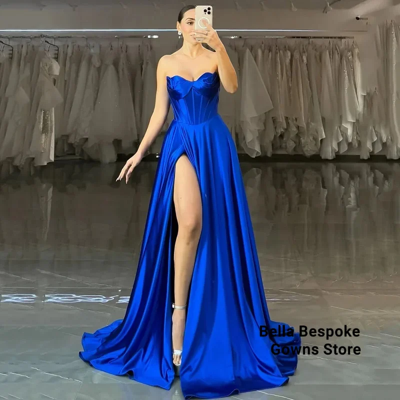 

2025 Satin Graduation Dress Sexy High Slit Elegant Prom Gown Strapless Formal Dress Evening Party Dress Customized