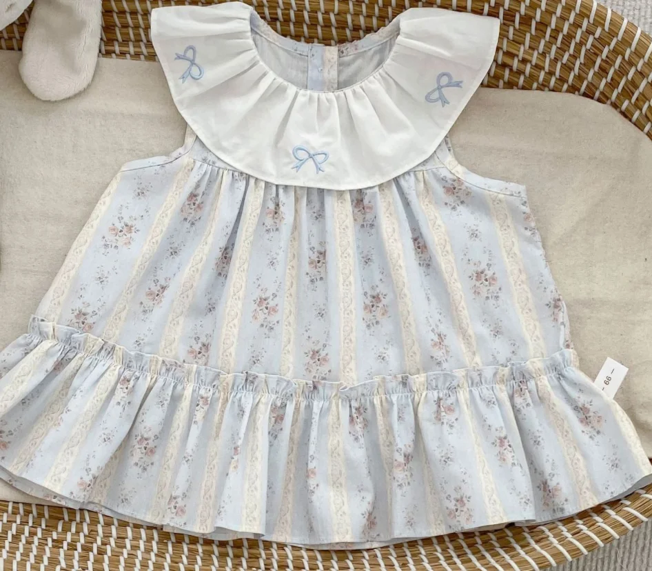 

Baby Girl Floral Ruffle Collar Sleeveless Dress Toddler Bow Embroidery Korean Style Casual Princess Sundress for Kids Daily Wear