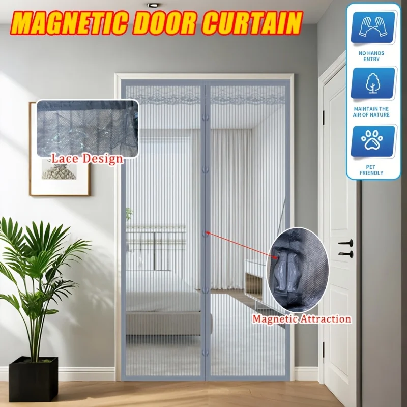

Grey Lace Magnetic Screen Door - Soft polyester mesh, pet friendly, easy magnetic closing, living room décor, blackout curtains