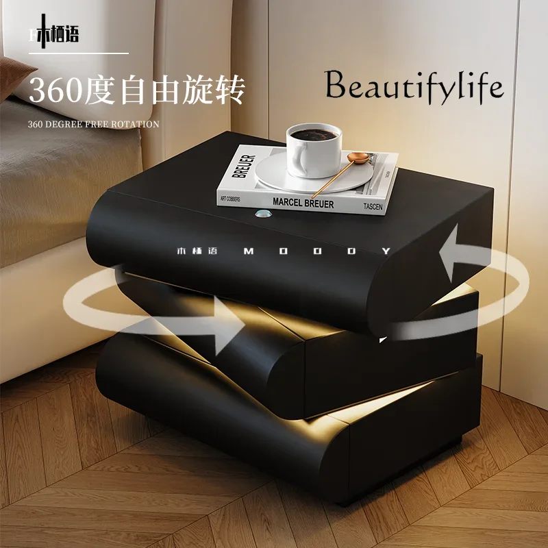 طاولة بجانب السرير ذات الرياح الكريمية 360 درجة °   خزانة تخزين جلدية ذات جو ذكي دوار بجانب السرير حديثة وبسيطة #4