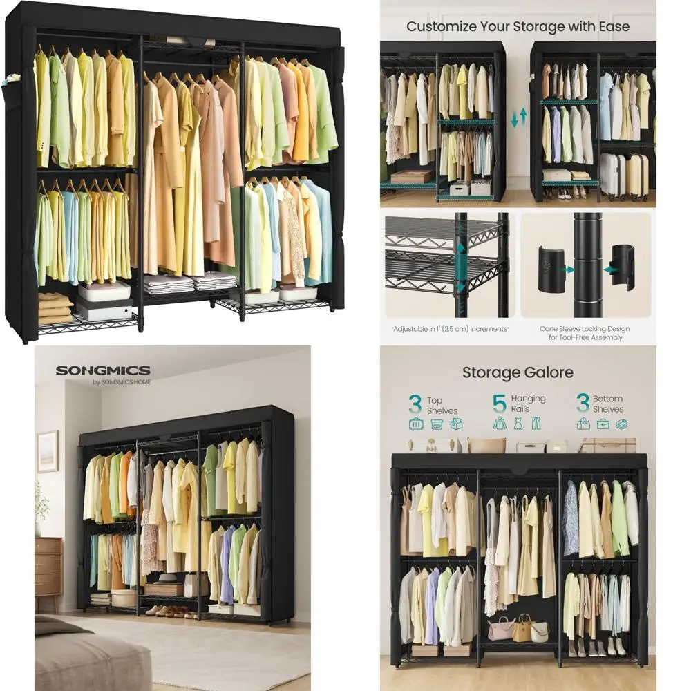 heavy-duty clothes rack, garment rack, portable closet, 68.7-inch wide clothing rack with adjustable mesh shelves and hanging r