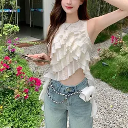 Stylish Ruffles Spliced Irregular Blouse Summer Slim Sleeveless Women's Clothing Korean Solid Color Hotsweet Asymmetrical Shirt