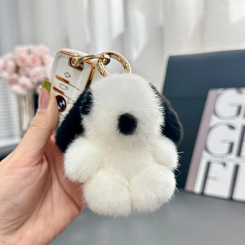 

Mink Keychain Cute Puppy Real Fur Pendant Women Bag Ornaments Little White Dog Toys Car Key Metal Ring Decoration Trinket Gift