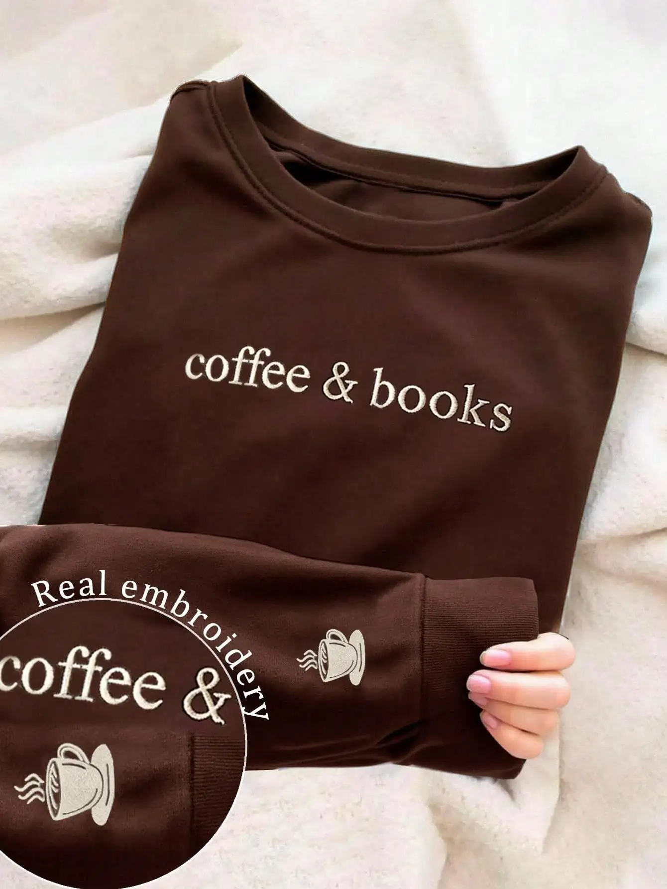 

Women's Coffee & Books Embroidered Sweatshirt, Casual Autumn Winter Top