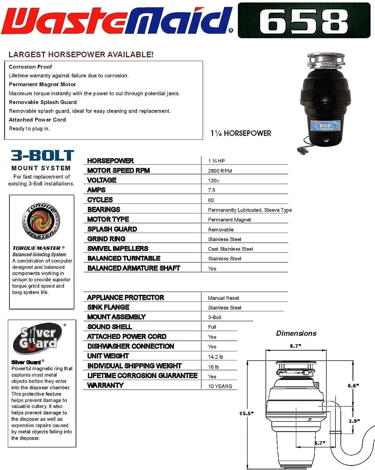 Maid-Élimination des déchets 10-US-WM-658-3B, système de broyage des déchets alimentaires en acier inoxydable, 1-1/4 HP Premium, noir