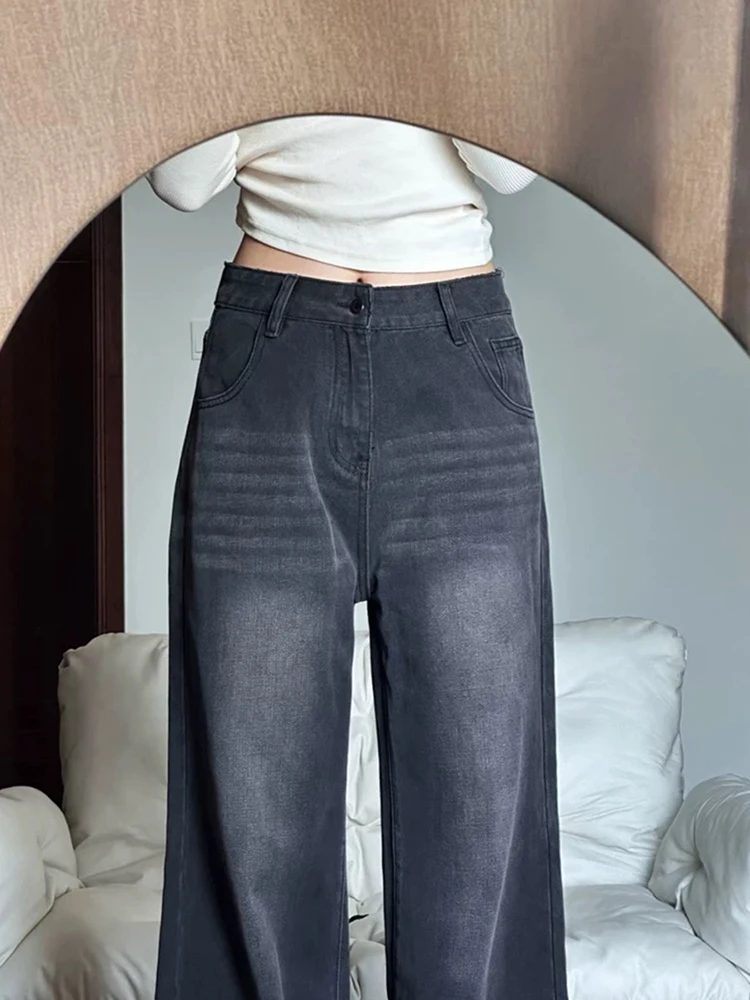 Pantalones vaqueros holgados hasta el suelo, color negro y gris, Retro, para ir al trabajo, versátiles, de pierna recta, elegantes, informales, de cintura alta