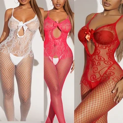 Sexy Goddess Pajamas Sling Lace Underwear Bow Mesh High-end Erotic Lingerie Body Stockings Women Crotchless Pantyhose Babydolls