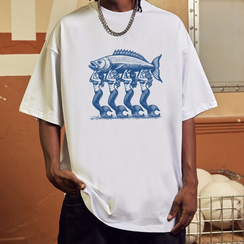 

Hot Sale Mermaid Fish Beach Graphics short sleeve T-shirts New Unisex Vacation Fashion T shirt Men Women Trend 100% Cotton Tops