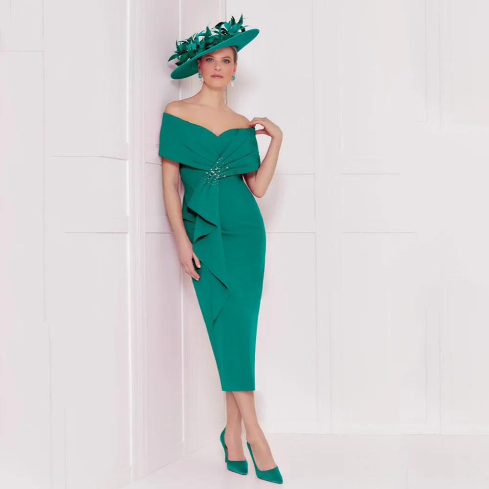 

Wedding Guess Dresses for Women Off the Shoulder Column Mother of the Bride Dress Midi Tea Length Ruffle V Neck Cocktail Gowns
