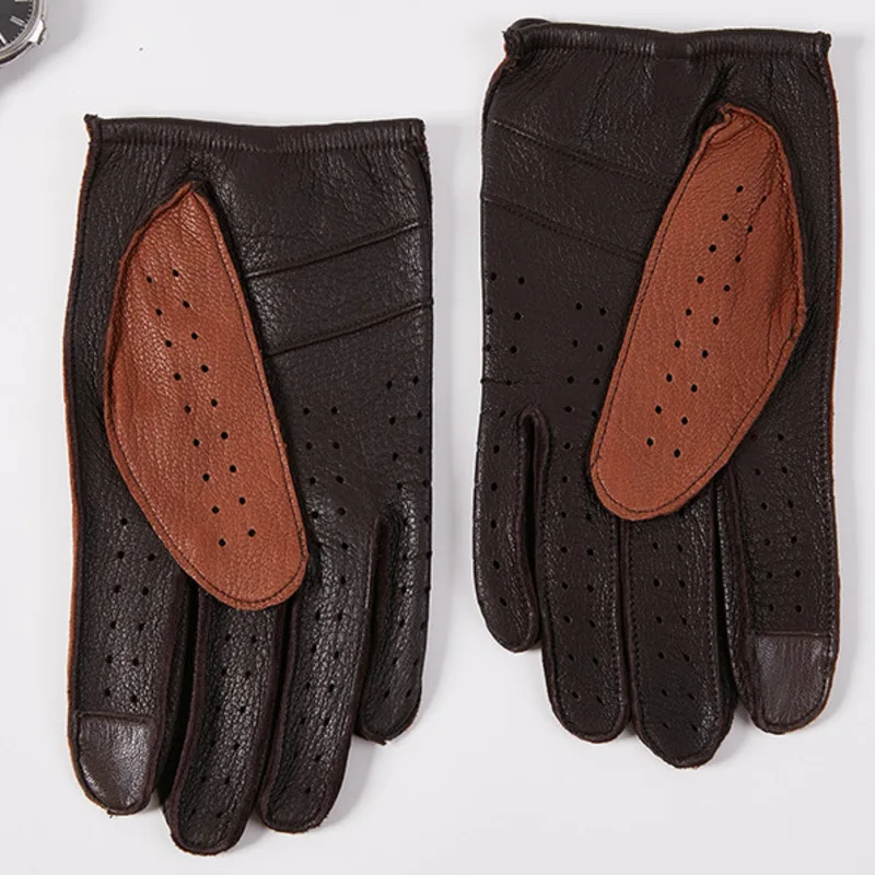 Guantes de cuero genuino para hombre, manoplas antideslizantes sin forro para conducción de motocicleta, guante de piel de ciervo, protección