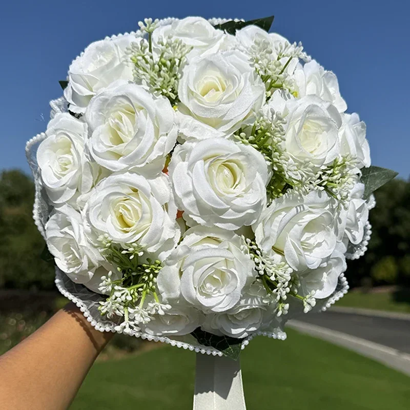 1PC Wedding Bouquets for Bride Valentines Day Decor Wedding Party Supplies Home Decoration Pearl lace mesh rose bouquet