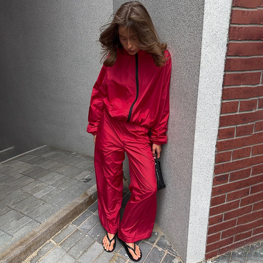 

Linad Street Chic Red Zipper Jackets Sets Casual Wide Leg Pants With Long Sleeve Coat 2 Piece Autumn Windbreaker Trousers Suits