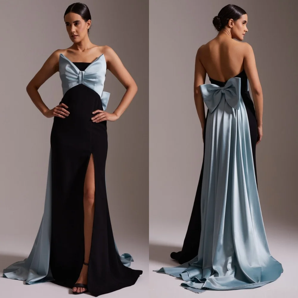 

Customized Sparkle Jersey Pleat Bow Trumpet Strapless Long Dresses Bespoke Occasion High Quality Formal Pastrol