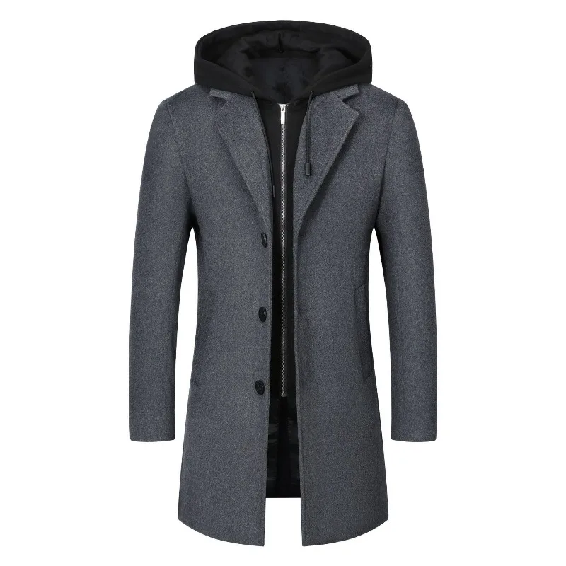 

New Fashion Men Hooded Casual Woolen Blends Cashmere Long Trench Coats Male Winter Coats Business Casual Overcoats Size 4XL