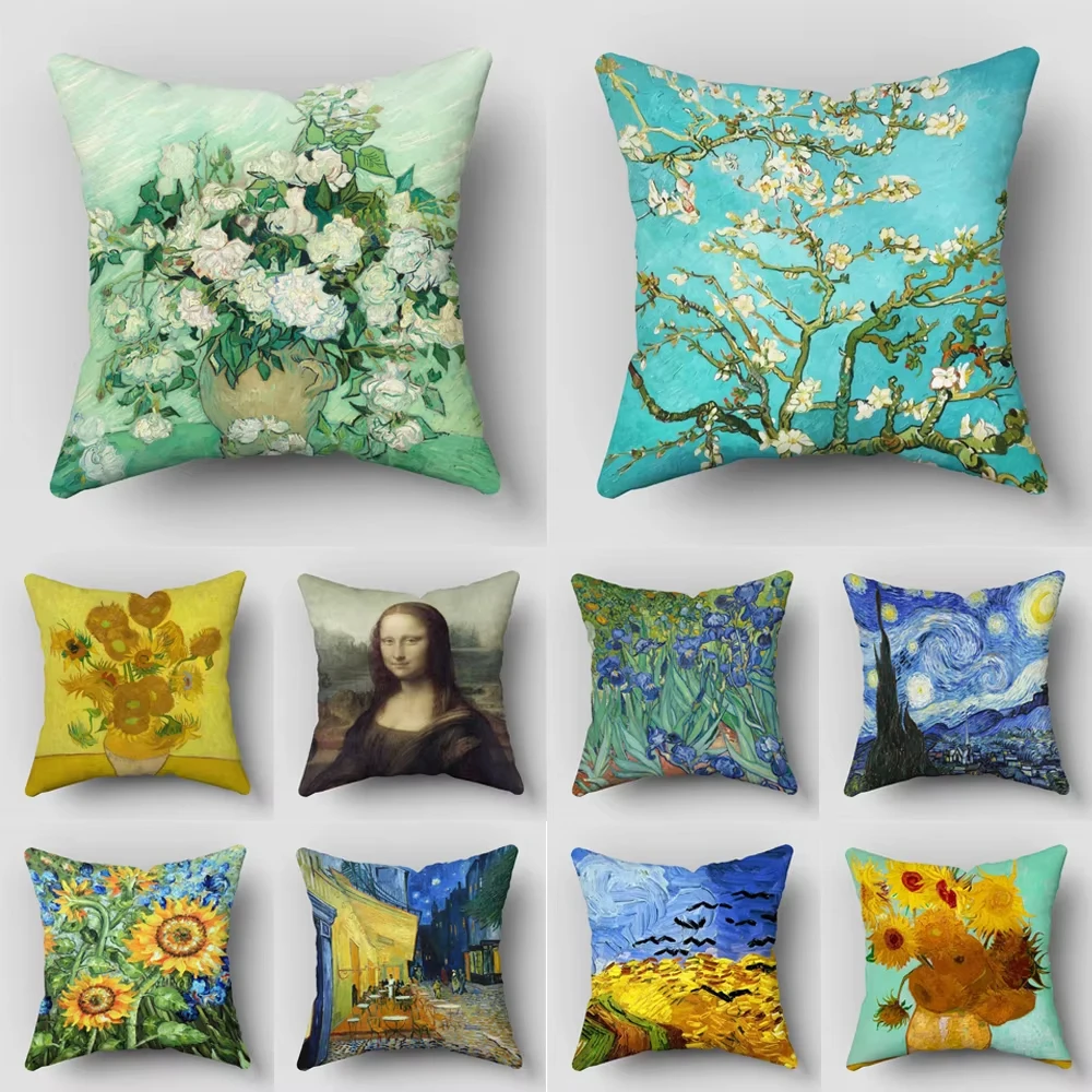 Van Gogh Oil Painting Print Pillowcase, Square Artistic Cushion Cover for Home Office Decor Collection