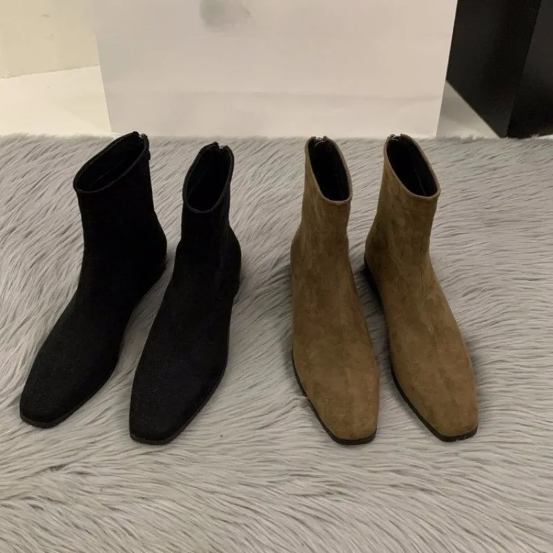 New Designer Peach-colored Back-Zip Nude Boot Fashion Square Toe Fall/Winter Style High Heel Women's Elegant Tight Short Boot