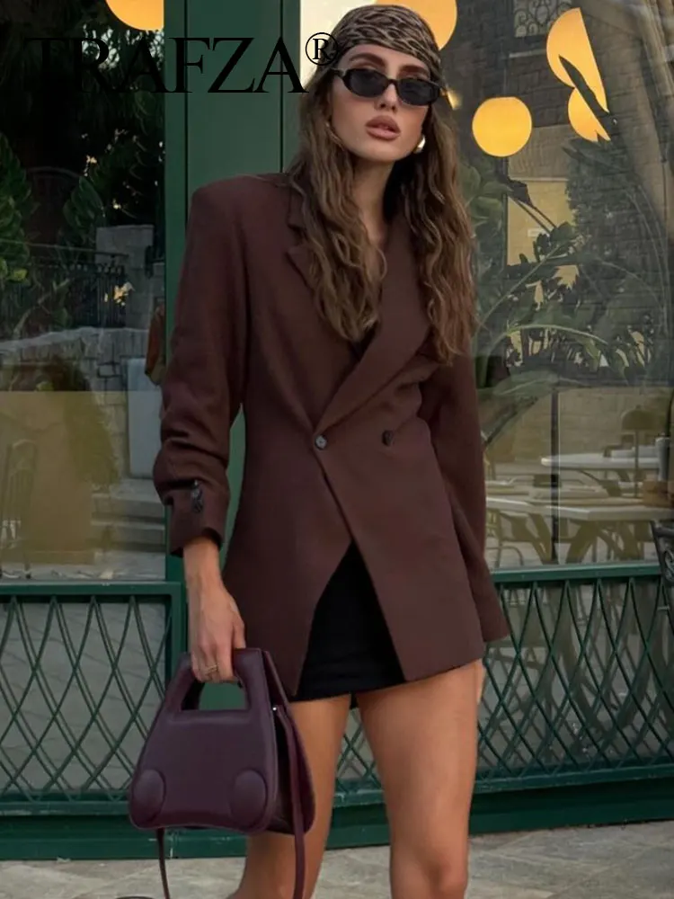 TRAFZA Women Fashion Solid Blazer Lapel Slim Double Breasted Long Suit Coat Female Wild Office Lady Commute Woman Outercoat Top