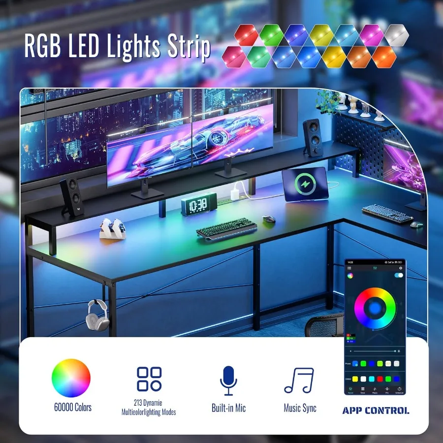 64 Inch L Shaped Gaming Desk with Builtin Power Outlets and RGB LED Lights Large Corner Computer Desk with Monitor Stand and Ad