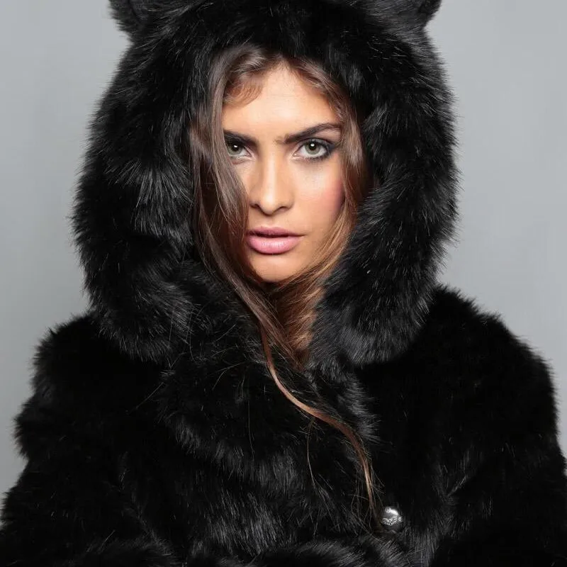 Like Wolf Artificial Fox Fur Coat Cartoon Ear Hooded Faux Rabbit Fur Coats Plush Jacket Faux Fur Hood Animal Hat Women Outwear