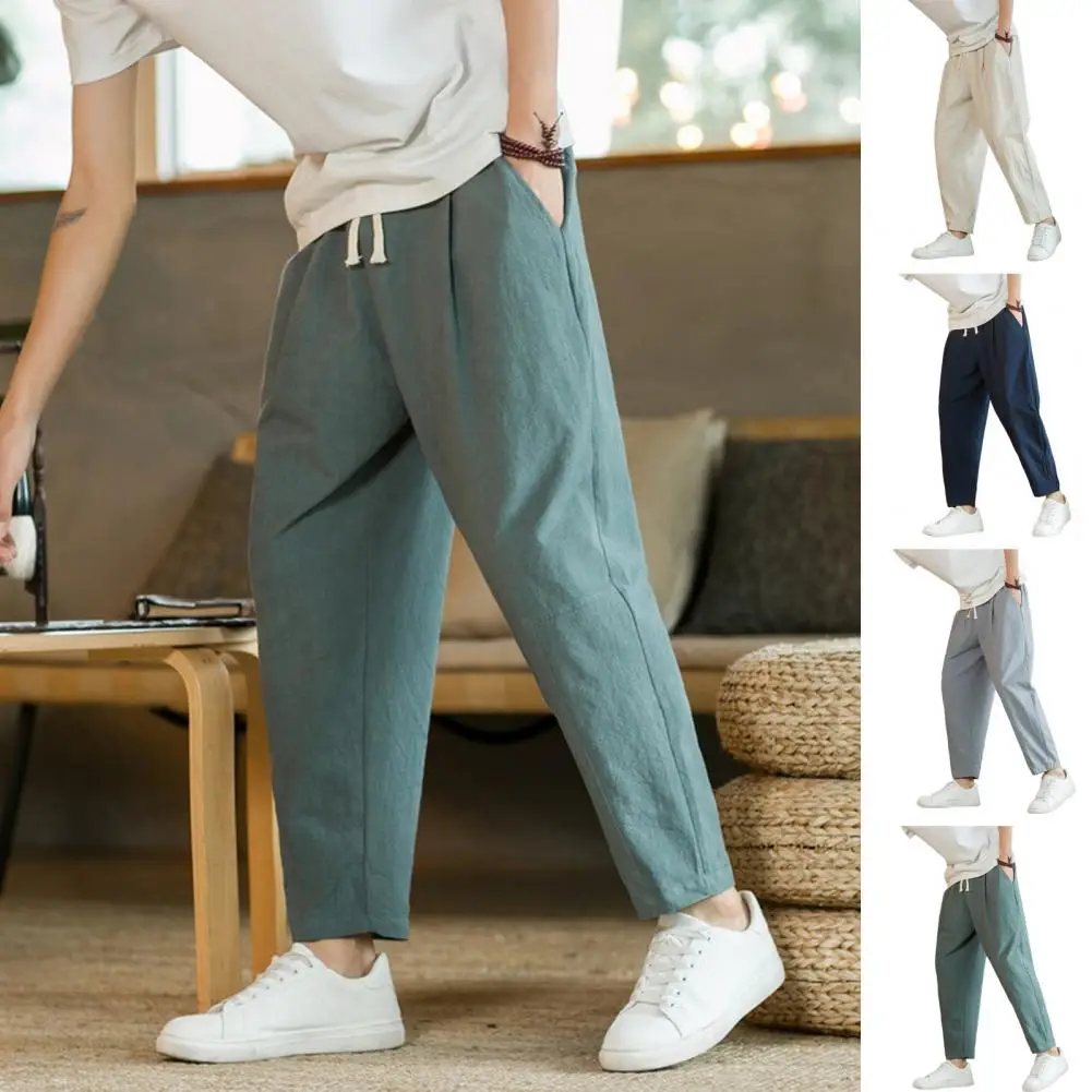 Drawstring Design Trousers Men's Loose Straight Drawstring Ninth Pants with Elastic Waist Pockets Solid Color for Daily