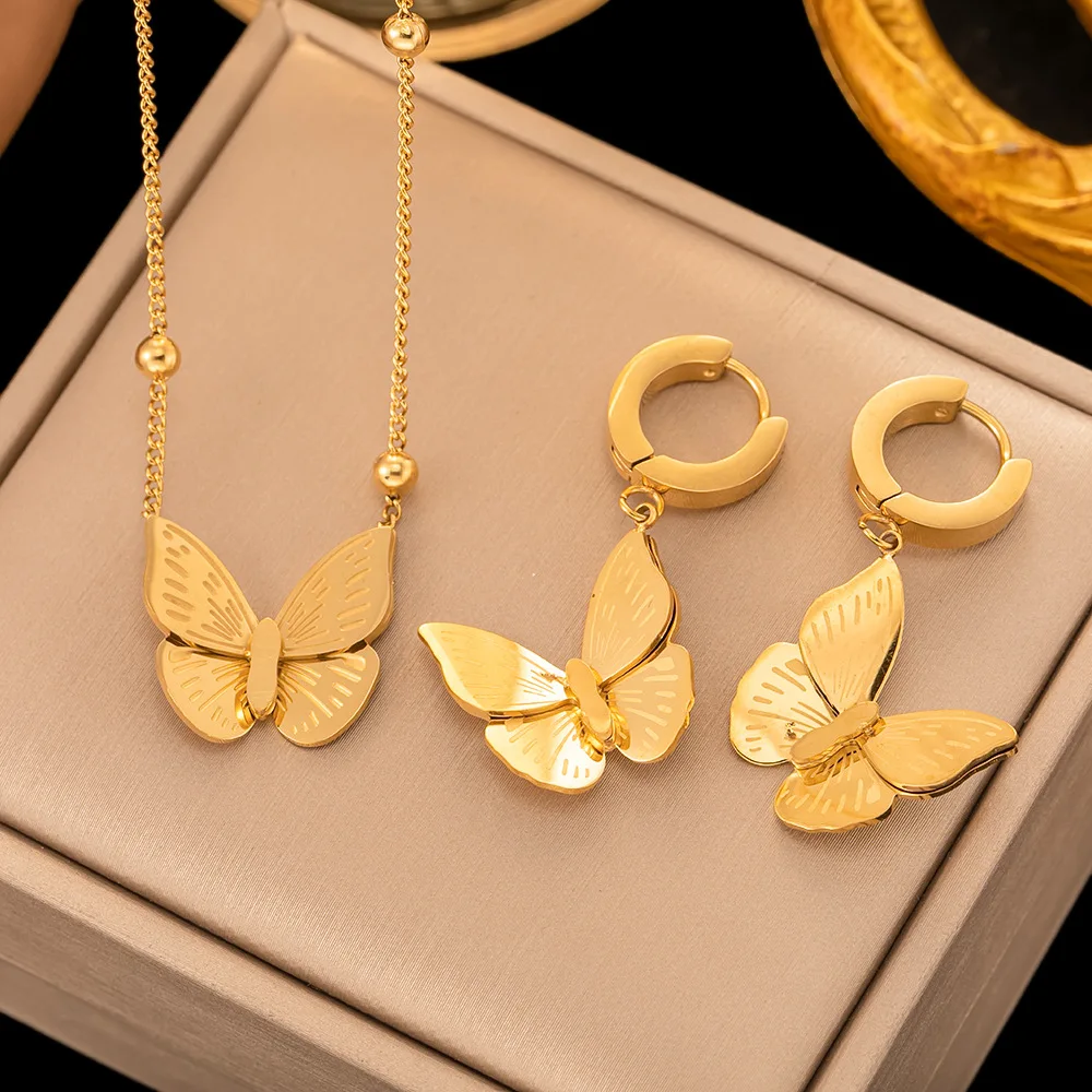 316L Stainless Steel Niche Design Gold colour Earrings Frosted butterfly necklace Fashion women's jewelry set