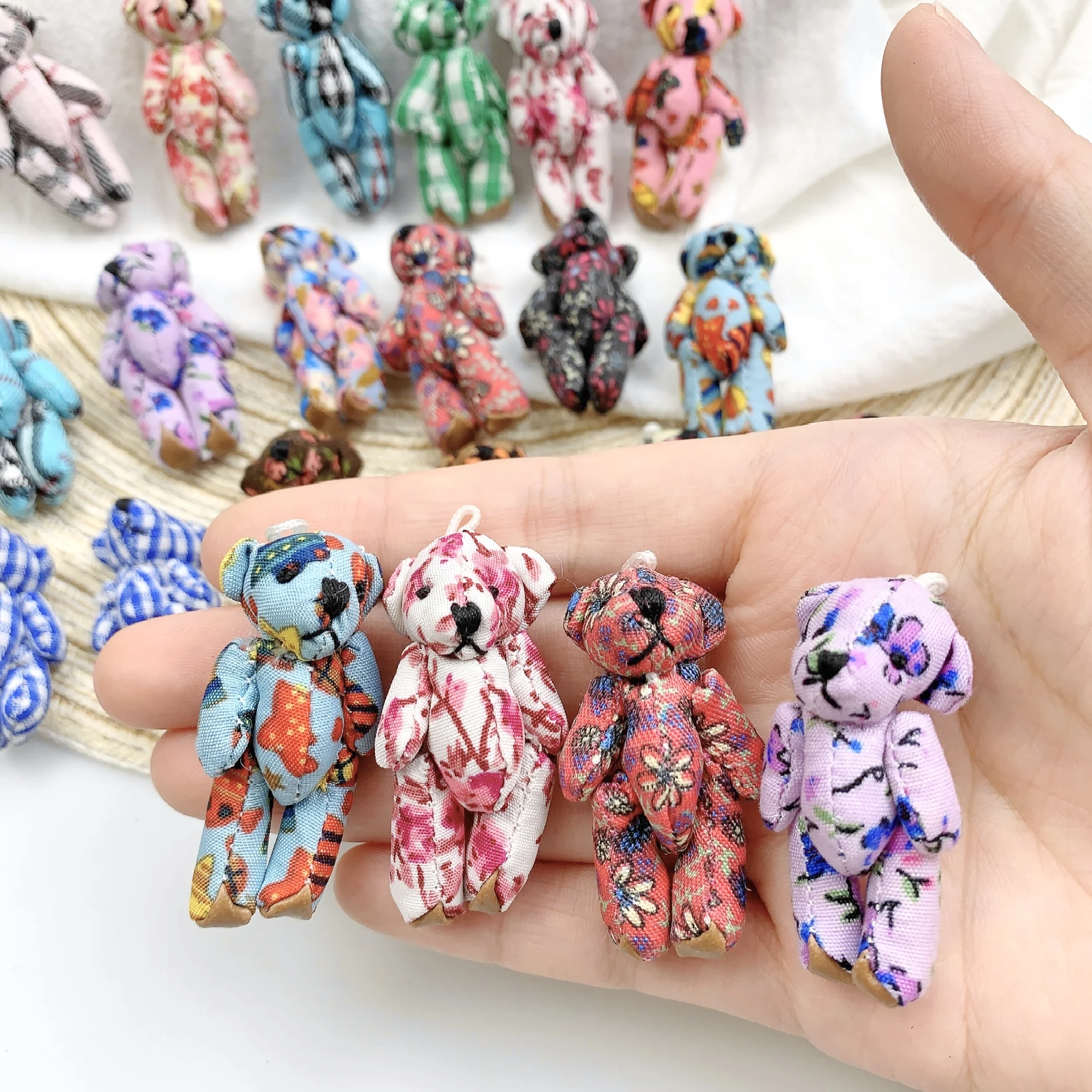 10pcs Kawaii Small Teddy Bears Plush Toy 4-4.5cm Floral Pattern Mini Joint Bear Stuffed Animal Doll Girl Keychain Christmas Gift