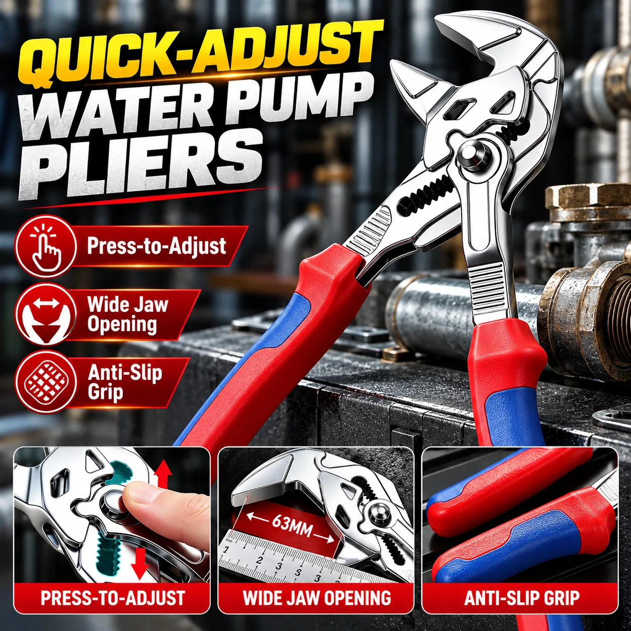 Quick-Adjust Water Pump Pliers 10 Inch Wide Jaw Adjustable Plumbing Pliers with Anti-Slip Grip for Pipes Nuts Fittings
