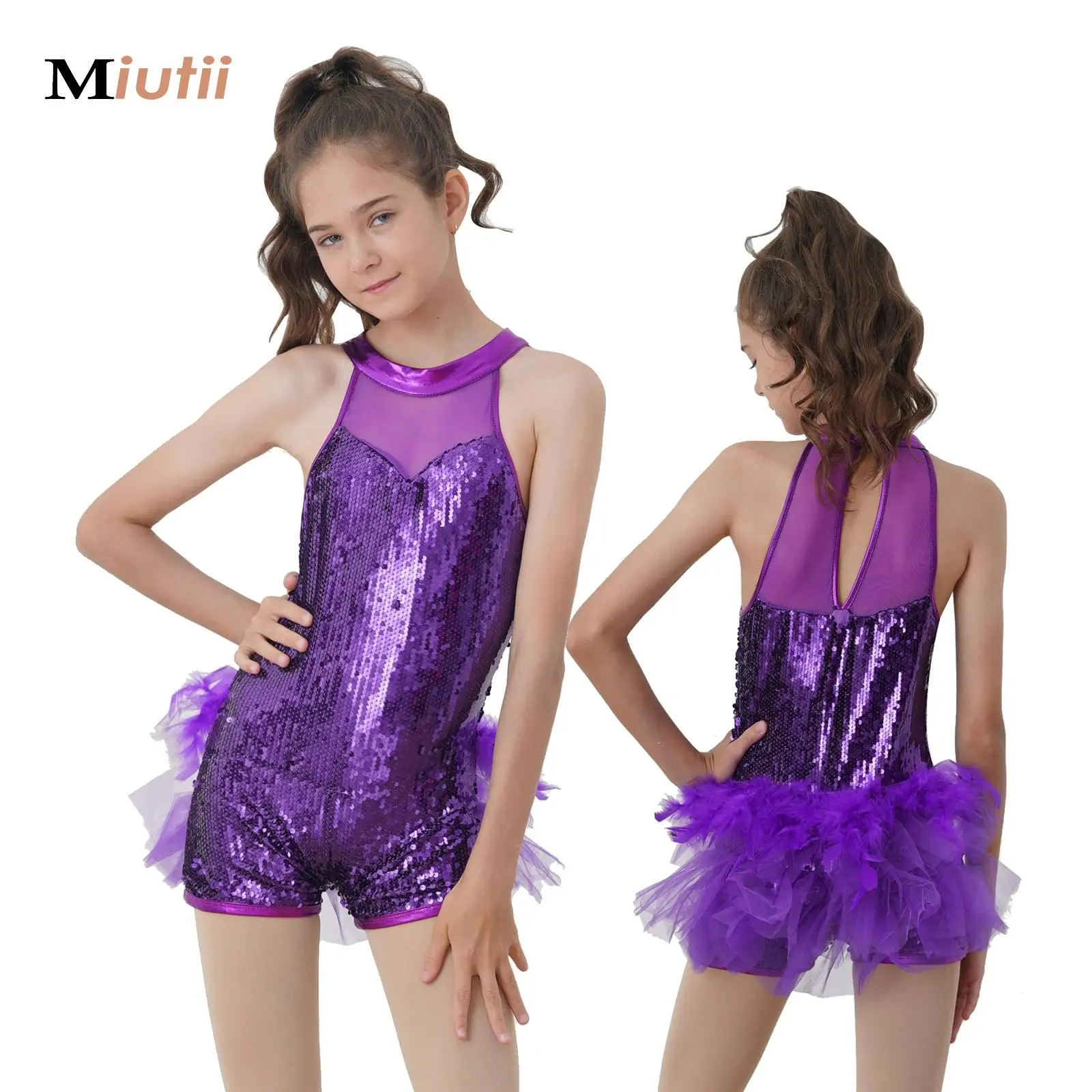 

Girls Sequin Ballet Dancer Feather Unitard Jazz Latin Jazz Dance Leotard Jumpsuit Kid Sleeveless Shiny Stage Competition Costume