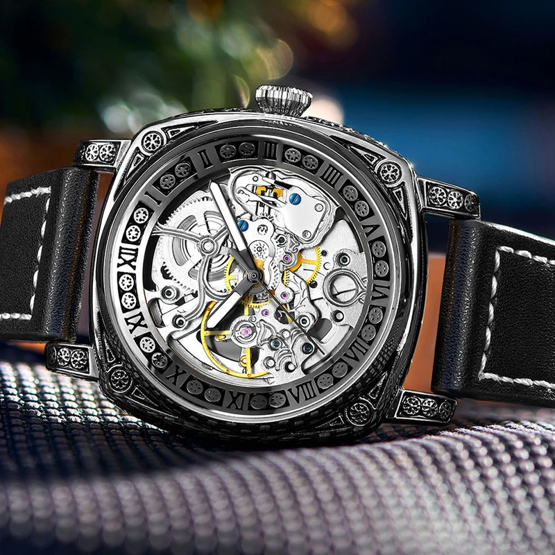 

PINTIME New Medieval Men's Mechanical Watch Trendy Fashion Style Business Mechanical Design Genuine Leather Strap Men's Watch