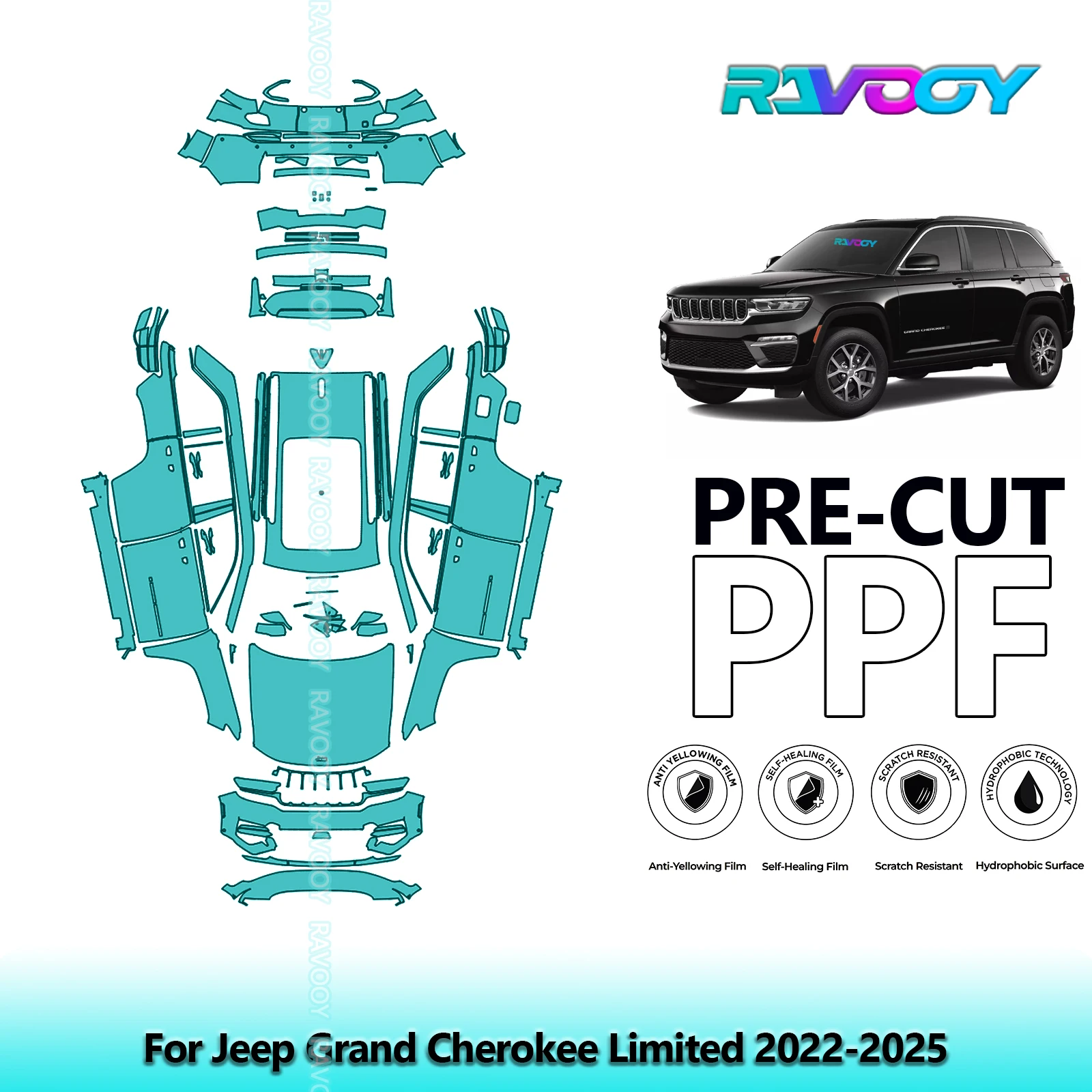 RAVOOY 8.5Mil Custom-Fit Precut TPU PPF Full Vehicle Clear Bra Stone Guard EU UK For Jeep Grand Cherokee Limited 2022-2026