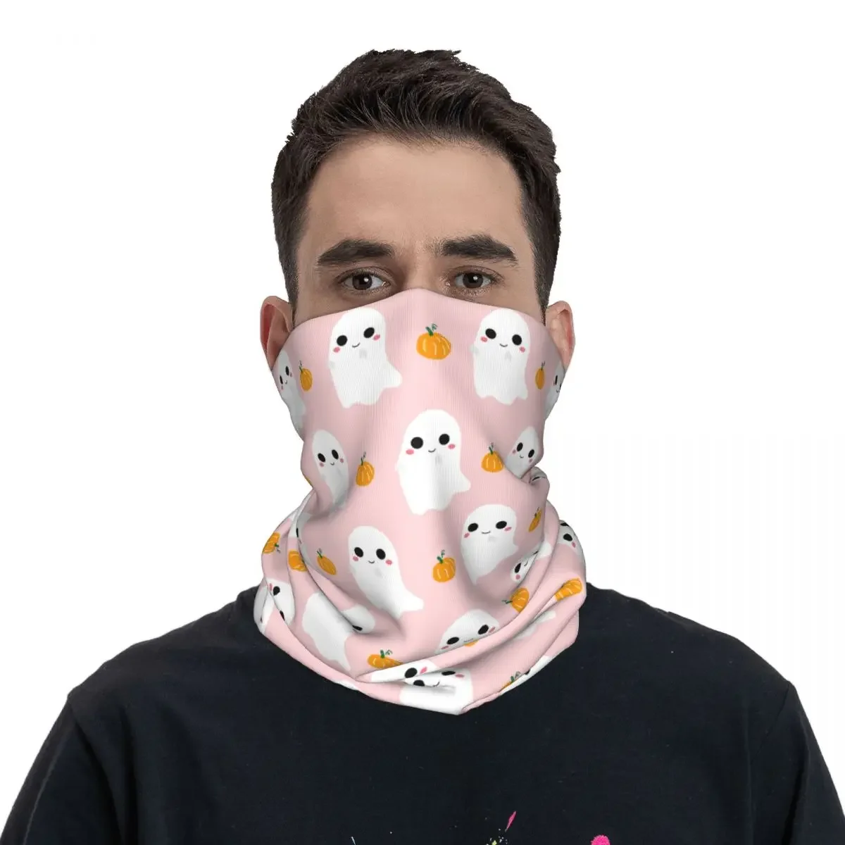 Cute Pink Halloween Ghost Pumpkin Bandana Neck Gaiter Printed Cartoon Balaclavas Wrap Scarf Warm Headwear Riding Adult Windproof