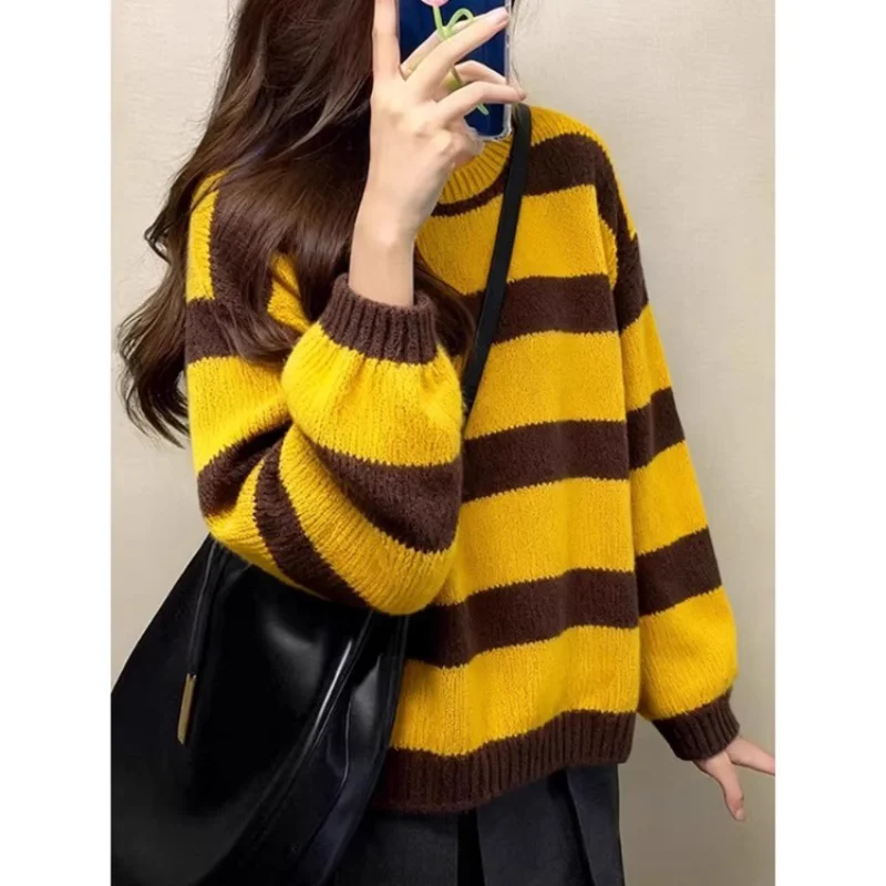 

Полосатый свитер с цветными блоками для женщин, осень-зима, Новое поступление, корейский стиль, ленивый повседневный трикотаж, универсальный топ для женщин