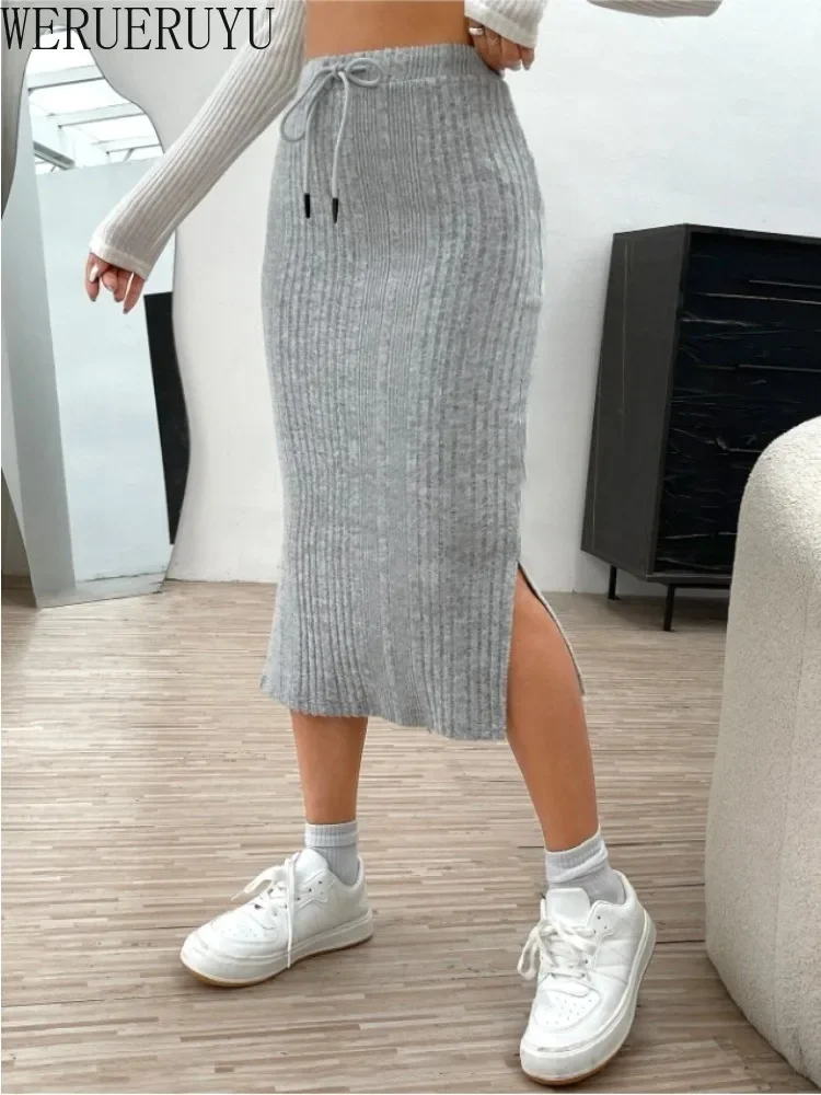 Casual Gray Knitted Skirts for Women Y2k Clothes Autumn Winter Harajuku Fashion High Waist Drawstring Midi Skirt for Women 2024