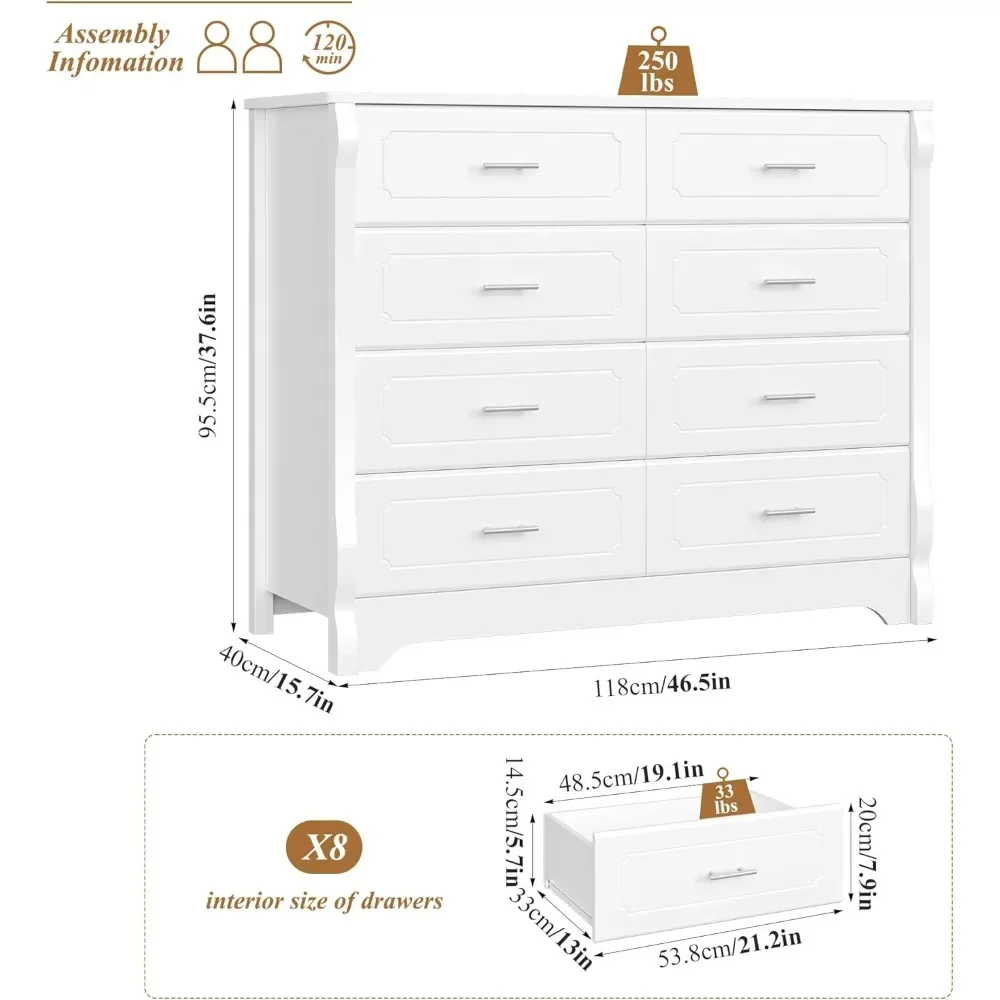 8 Drawer Dresser for Bedroom, White Dresser, 47