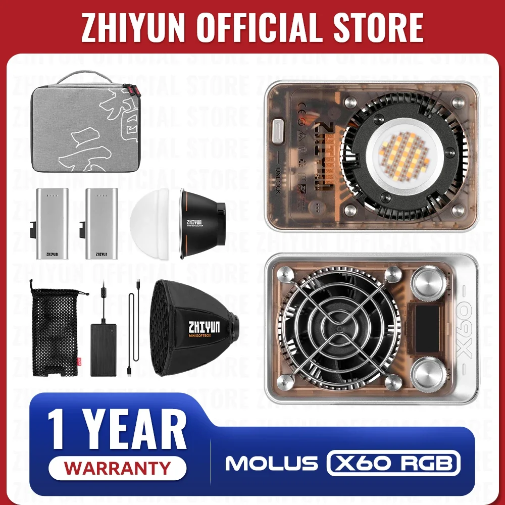 

ZHIYUN Molus X60 RGB Pro 60W Portable COB Video Light Dual Grip Battery App Control CRI 95 TLCI 98 15 Scenes USB-C