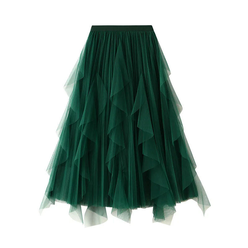 Autumn Winter Sweet Ruffles Patchwork Tulle Skirt Women 2023 New Midi Long High Waist Mesh Skirt Female Fashion Mesh Skirt Lady