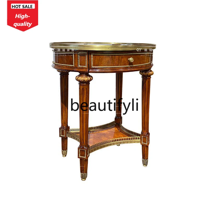 

English Classical Mahogany Round Corner Table Pure Copper Decorative Piece Coffee Table Sofa Side Table