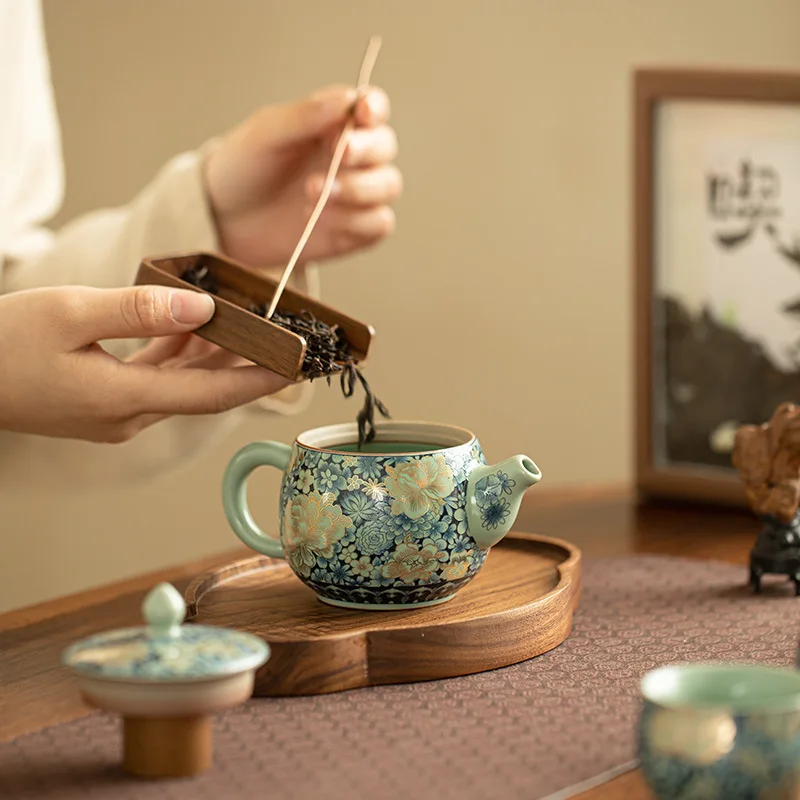 Jingdezhen-Glazed Roast Flower Teapot, Ru Ware, Teapot Wanhua Gilding Peony Hanwa Pot, Kung Fu Tea Set, Home Tea Brewing Cup