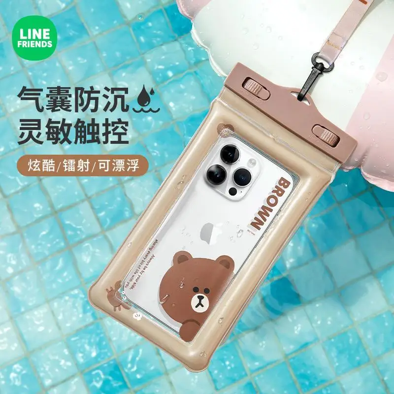 Linha amigos marrom saco à prova dwaterproof água anime bonito portátil selado saco menina tela de toque simples marrom decorar presente ao redor