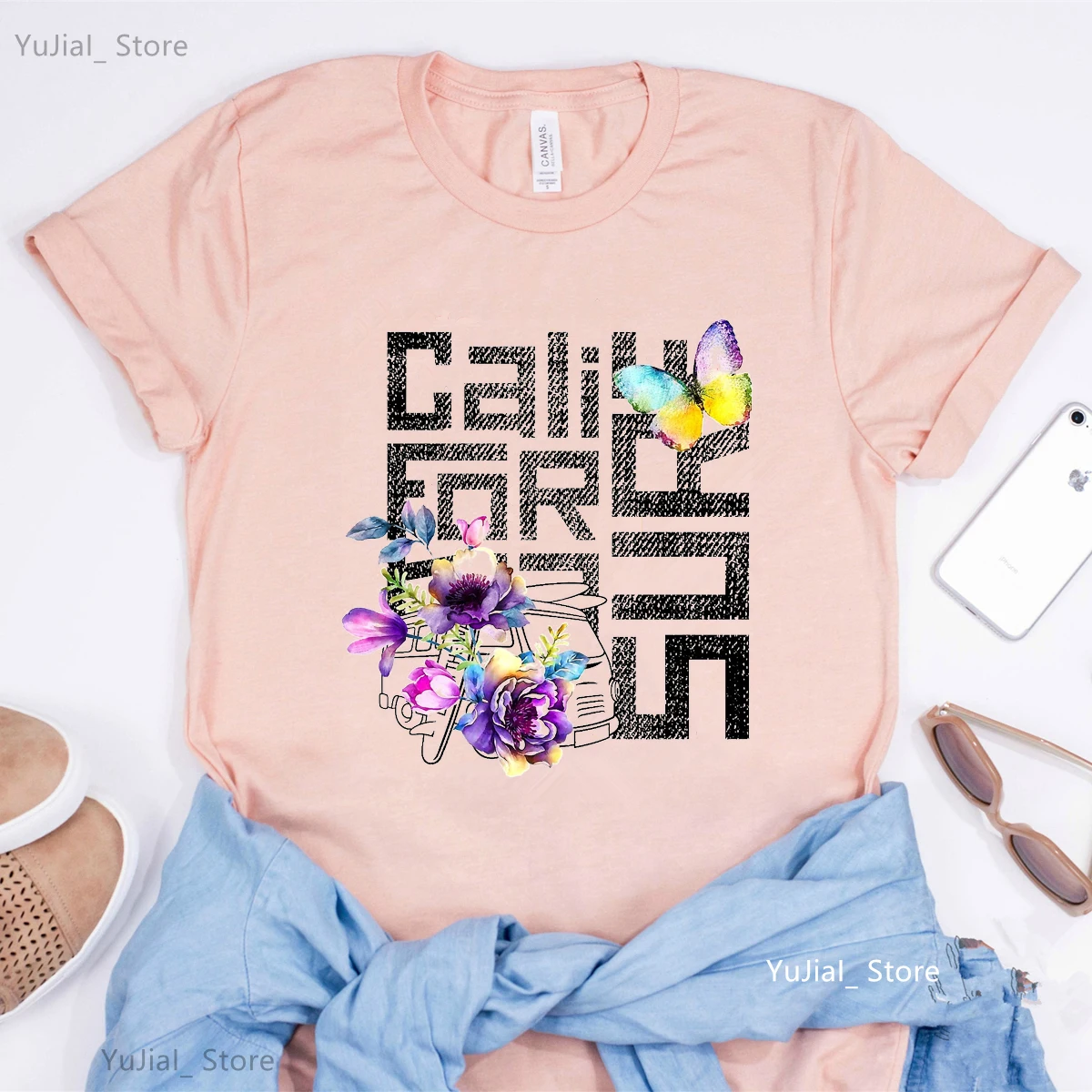 Fashion Shoes Flowers Graphic Print Pink T Shirt Women Clothes 2024 Rose Rabbit California Surf Tshirt Femme Funny T-Shirt