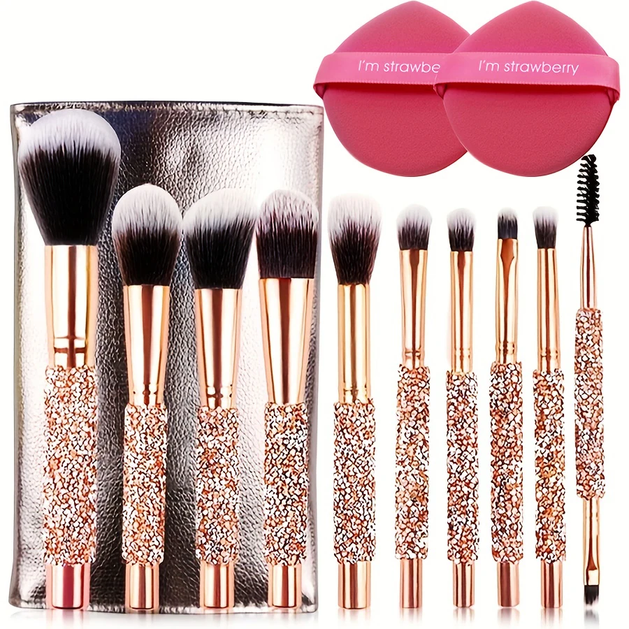 13pcs/set High-end Women GoldWrappedDiamond Handmade Customized Beginner Makeup Brushes Powder Puff Black Friday 4thof July Gife