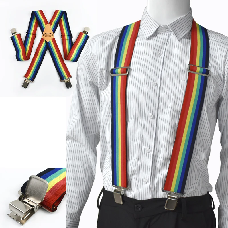 1 قطعة 5 سنتيمتر واسعة قوس قزح الرجال الحمالات السراويل X-نوع 4-مقاطع شماعات حزام مطاط الكبار تسخير رجل الأقواس حزام رياضي اكسسوارات