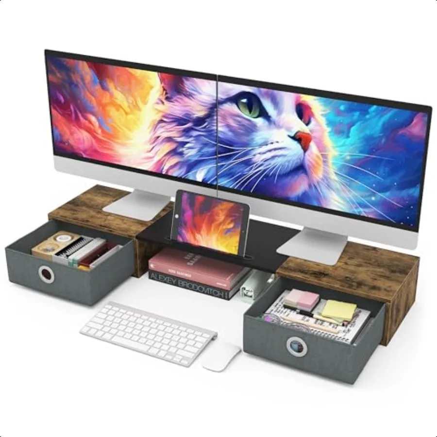 

WESTREE Dual Monitor Stand Riser with Two Drawers Extra Large Storage for 2 Monitors Desktop Oraganizer Computer Laptop Screen