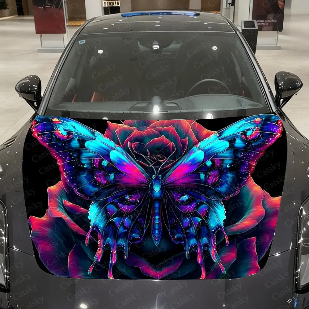 

Colorful Starry Butterfly & Rose Charm Car Vinyl Wrap, PVC Material Waterproof Car Hood Sticker, Self-Adhesive Scratch-Resistant