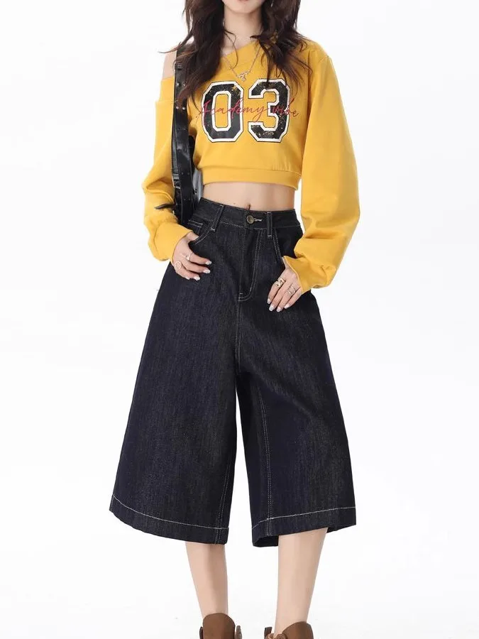 

American Style Retro Denim Seven-Foot Pants Women's Spring Summer New Large Size Fat MM High Waist Loose Slim Wide Leg Straig...