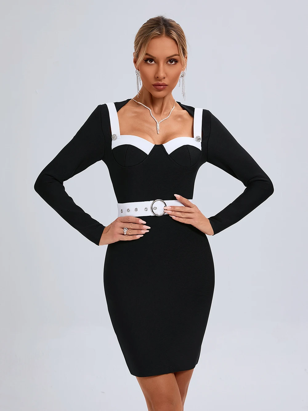 Modphy Women's Bandage Dress Long Sleeve Belt Sexy Celebrity Evening Party Bodycon Dresses Club Christmas New Year 2024