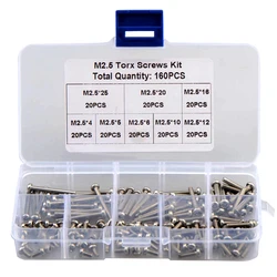 160PCS Torx Pan Head Machine Screw Set M2.5 (Thread DIA .2.5 mm) Stainless Steel GB2672 Six-Lobe Round Head Bolt Assorted Kit