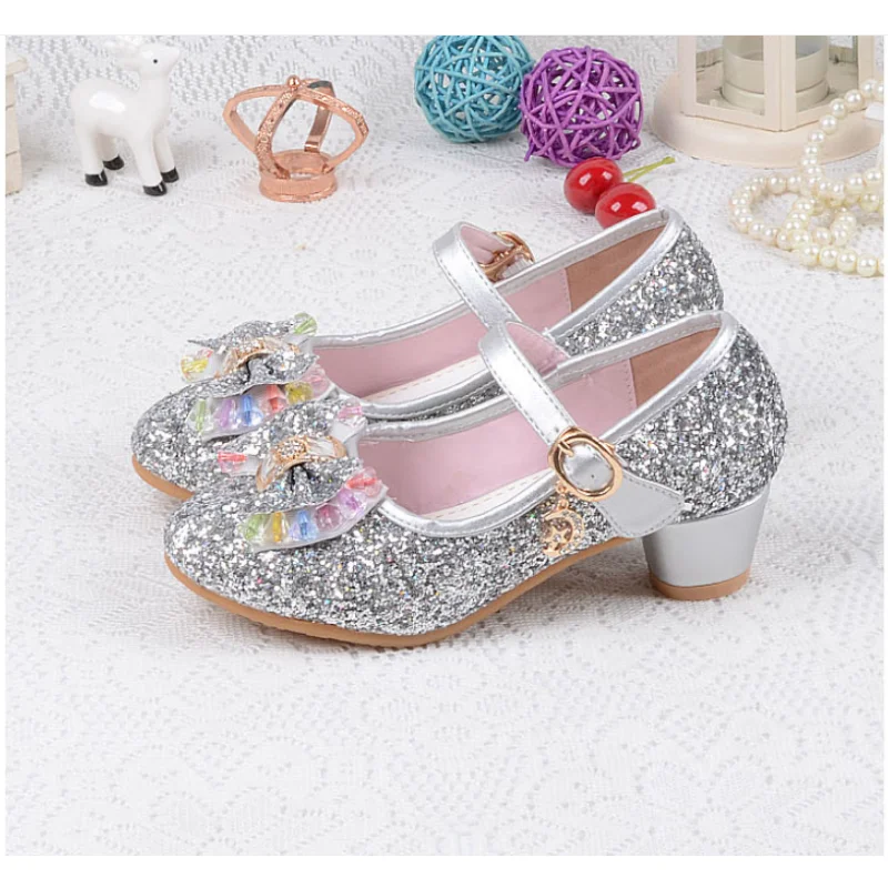 Girls Leather Wedding Shoes Baby Children\'s Sequins Princess Enfants Kids High Heels Dress Party Shoes for Girls 26-37