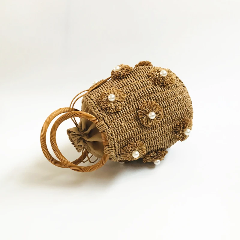 

New Women's St Woven Handbag Pearl Decorated Basket Sle Buet Bag Floral Vine Basket Handbag Soft Briti Sle Leisure