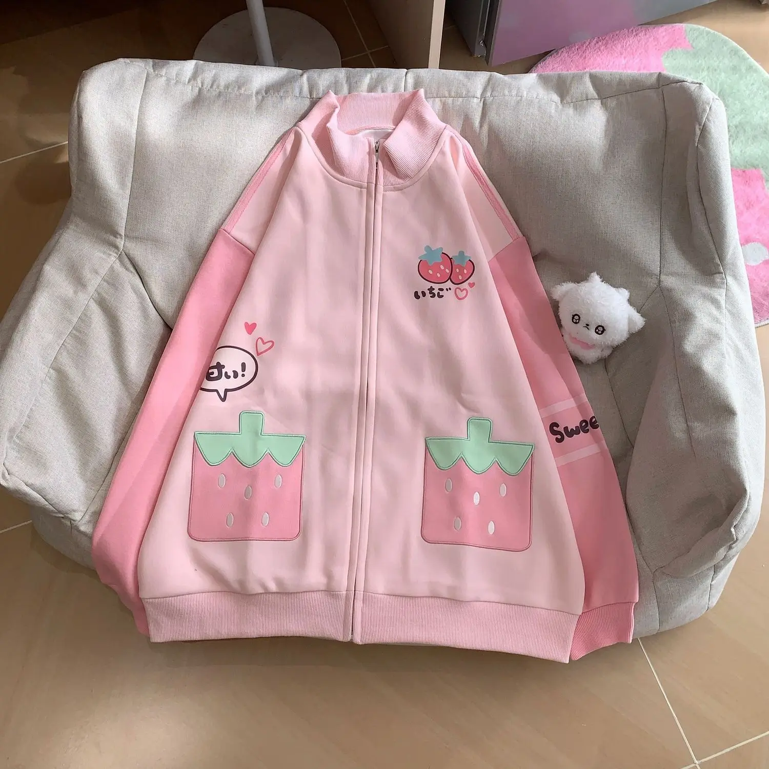 Kurtka damska z polarową podszewką, stójka, styl kawaii, gotycki, Harajuku, subkultura Y2K, odzież codzienna, świąteczna, ciepła, z długim rękawem, odzież wierzchnia